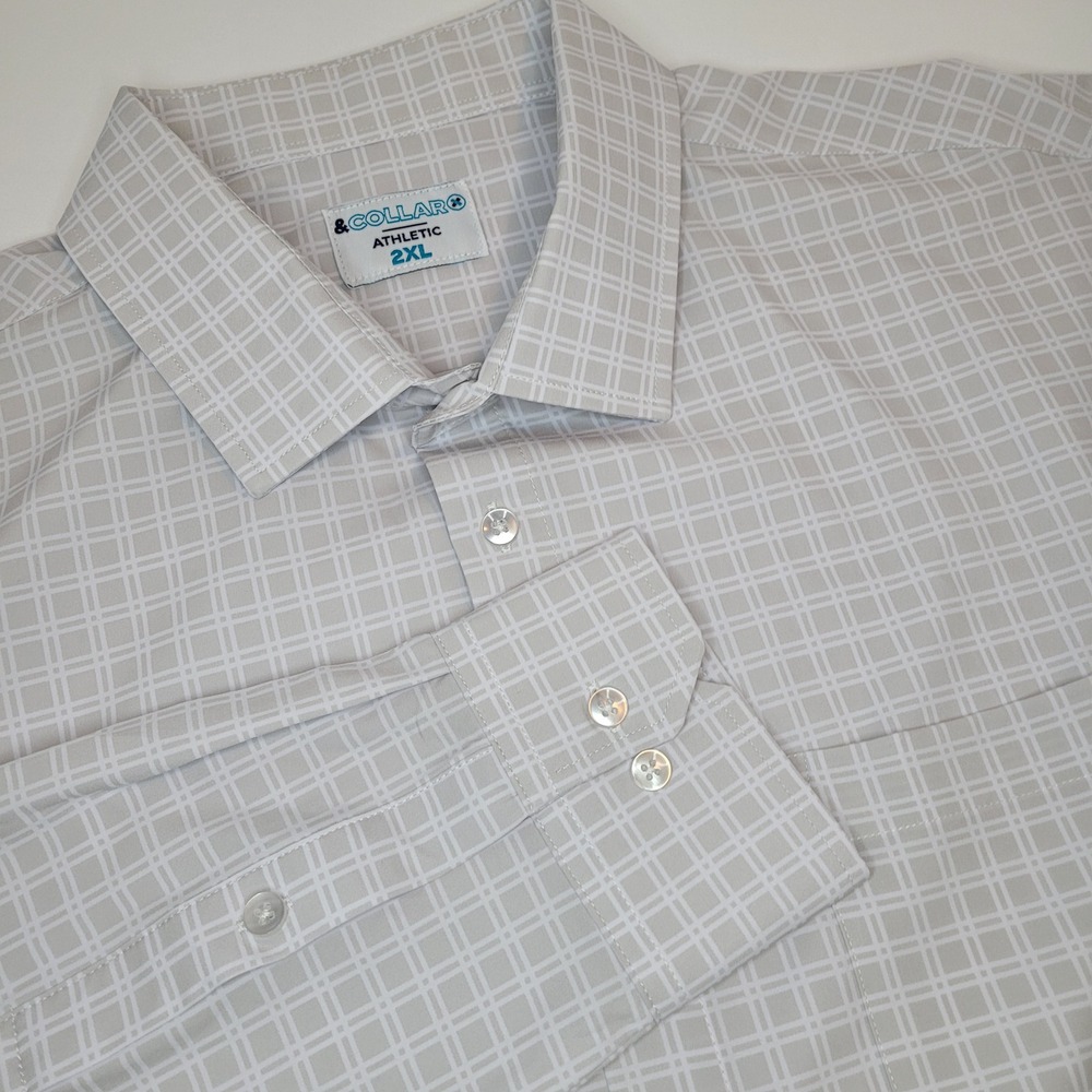 &Collar Performance Dress Shirt Mens 2XL Grey Grid Athletic Fit Long Sleeve